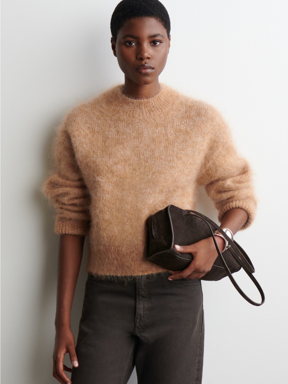 COS Fuzzy Crewneck Sweater in Camel